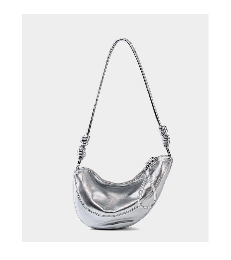 Borsa a tracolla da donna in vera pelle, graziosa borsa firmata color argento