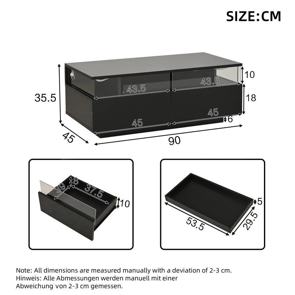 Tavolino da Caff¨¨ con LED e Cassetti ¨C MINIMAL ¨C Vetro Temperato, Nero, 90x45x35.5 cm