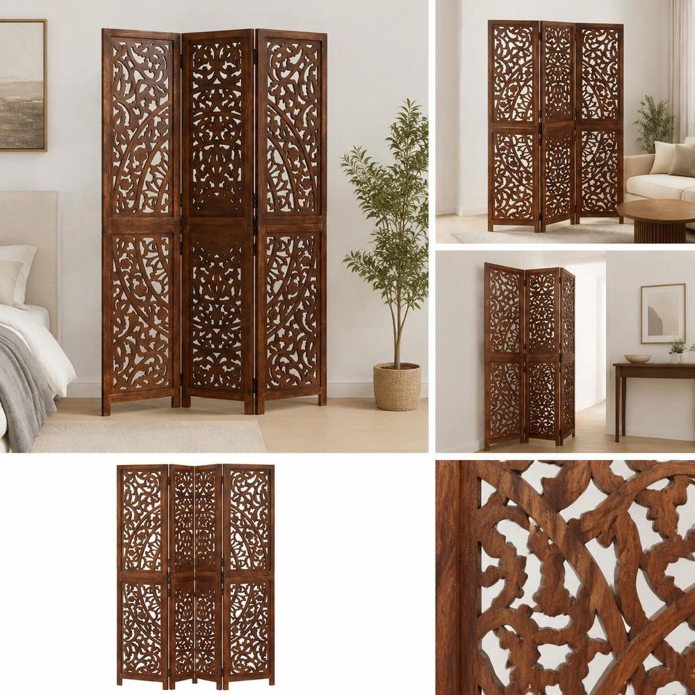 3-piece Room Divider, Hand-carved, Brown, 120x165 Cm, Mango Wood