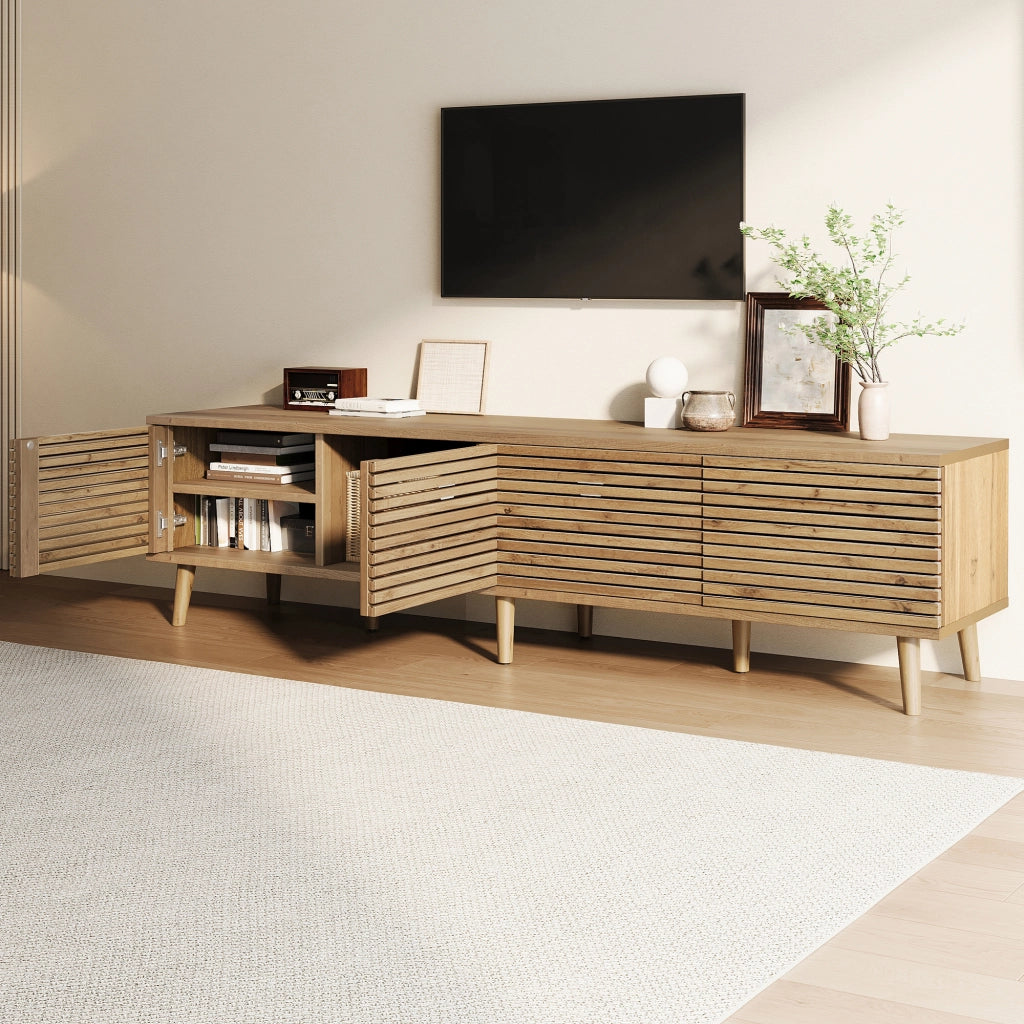 Mobile TV basso in legno naturale per TV fino a 75 pollici, con 4 ante a griglia, 180x40x46 cm