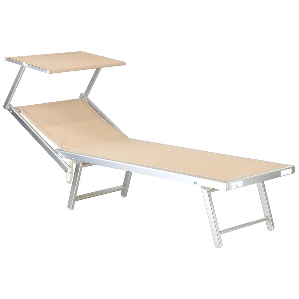 Trade Shop - Lettino Pieghevole Prendisole In Alluminio Textilene Con Parasole Orientabile 186x61x38cm - Beige