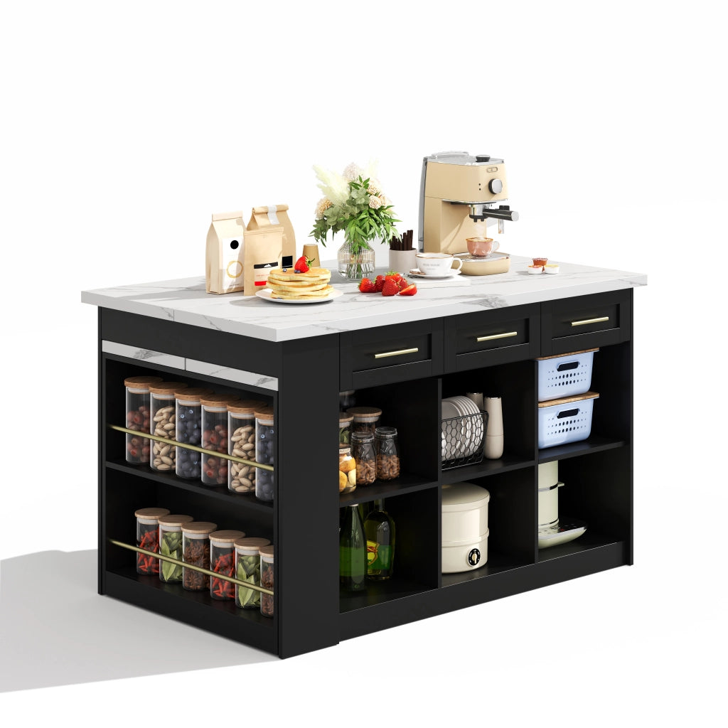 Isola da Cucina Nera 150/246x90x90 cm con Tavolo Estraibile 96 cm; Piano Effetto Marmo; 6 Cassetti e Ripiani