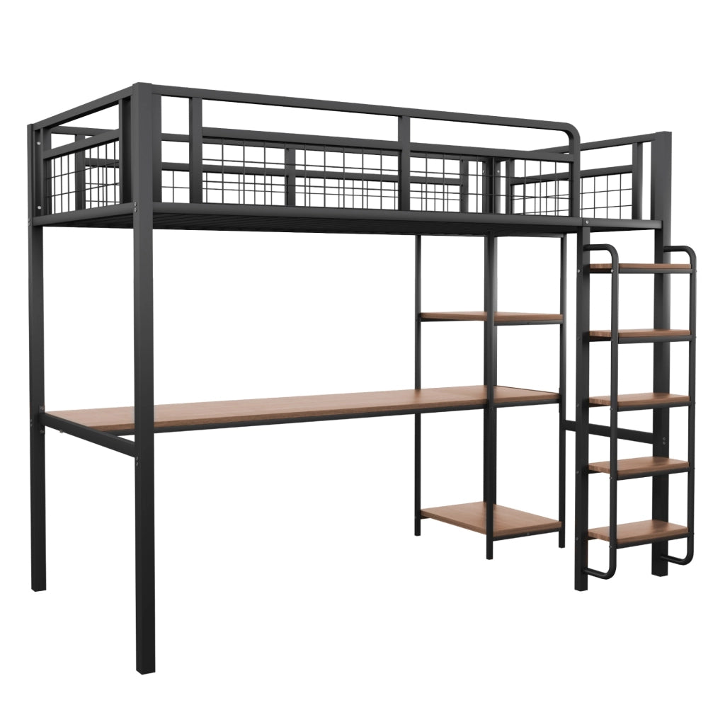 Letto a soppalco 90x200 cm con tavolo e ripiani; scala di sicurezza in metallo nero