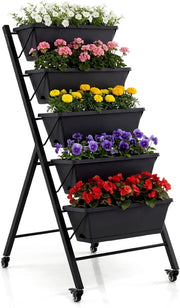 Fioriera Verticale a 5 Livelli, Orto Rialzato da Interno ed Esterno con Ruote Bloccabili, Vassoio e Foro di Drenaggio, Scaffale a Scaletta in Metallo Verniciato per Piante, Fiori e Verdure