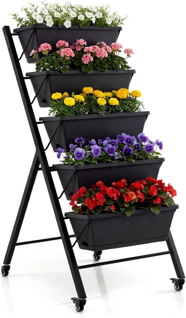 Fioriera Verticale a 5 Livelli, Orto Rialzato da Interno ed Esterno con Ruote Bloccabili, Vassoio e Foro di Drenaggio, Scaffale a Scaletta in Metallo Verniciato per Piante, Fiori e Verdure