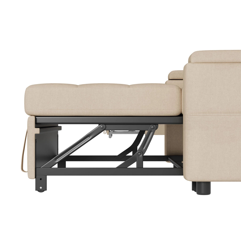 divano letto 2 posti con schienale regolabile; vani laterali e 2 cuscini; cotone e lino beige