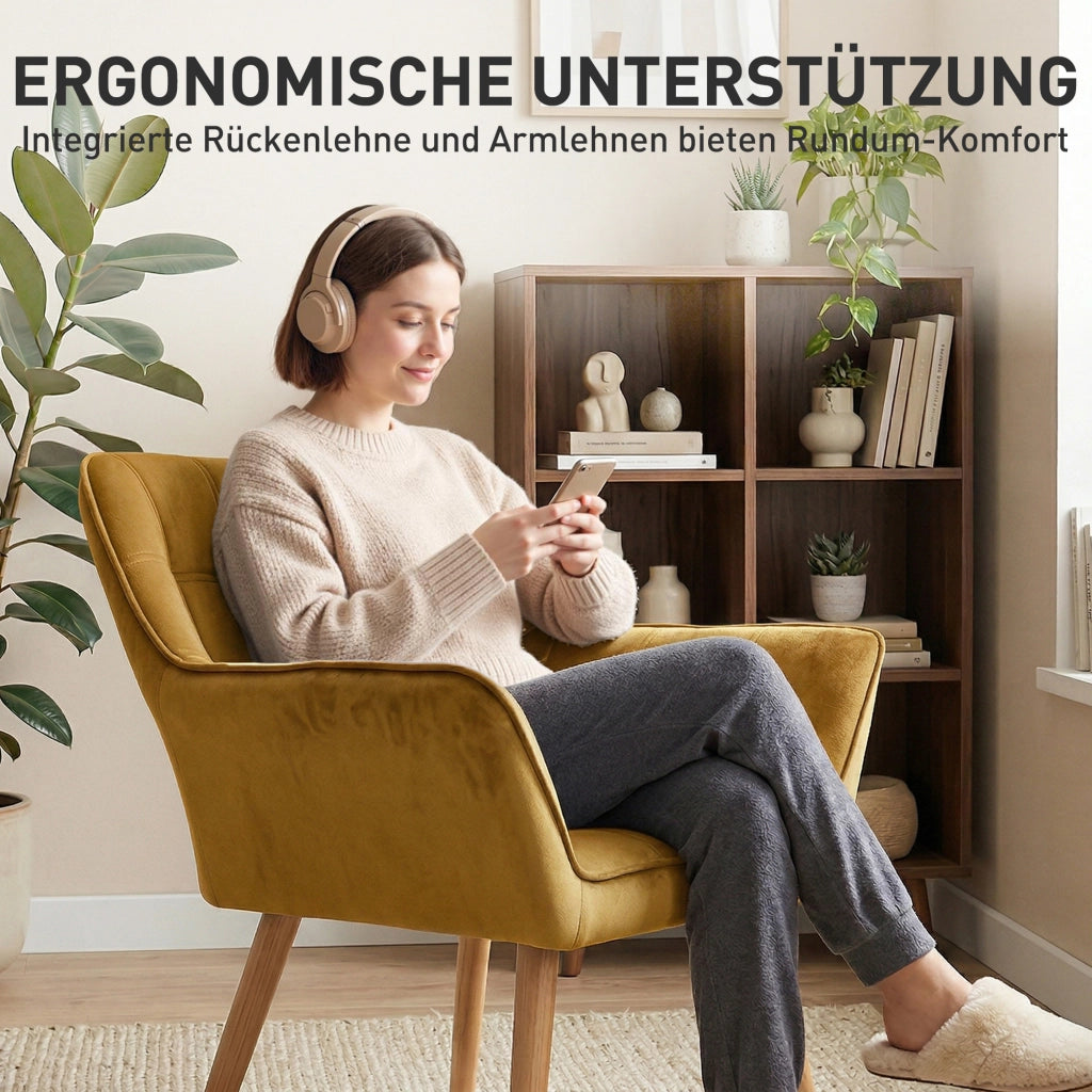 Poltrona in velluto giallo ¨C Xylo ¨C Design scandinavo con gambe in legno, capacit¨¤ 120 kg