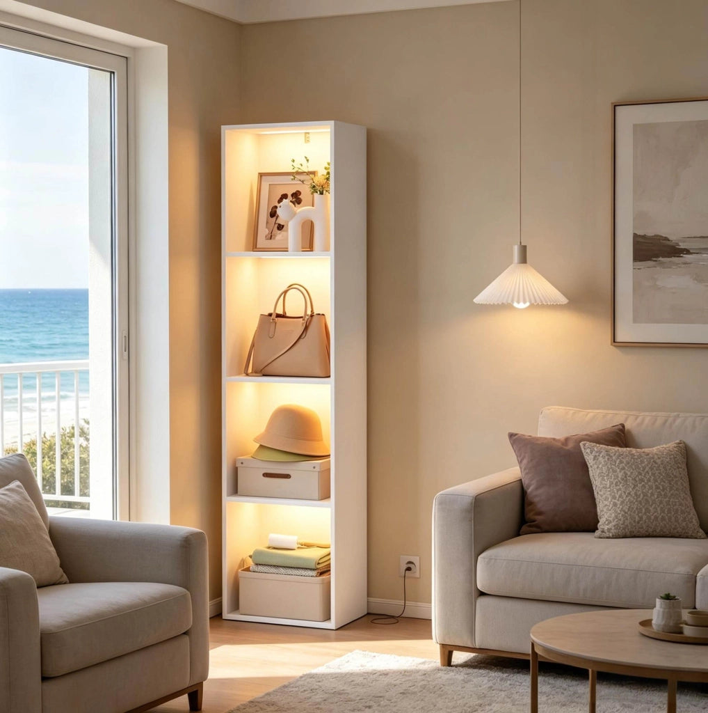 Libreria verticale bianca 40x29x170 cm con illuminazione RGB， 4 scomparti