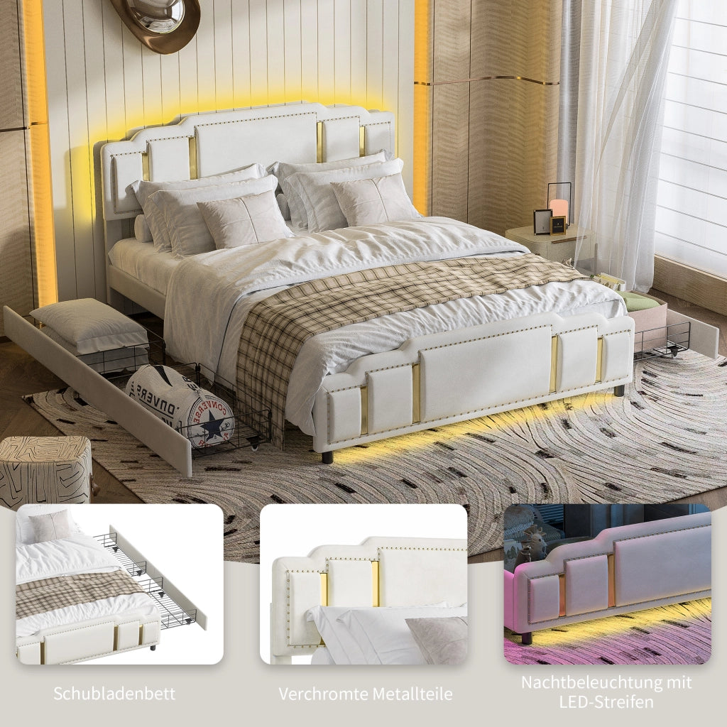 Letto con cassetti 160 × 200 cm con illuminazione LED a 7 colori, 4 cassetti, senza materasso, in velluto beige