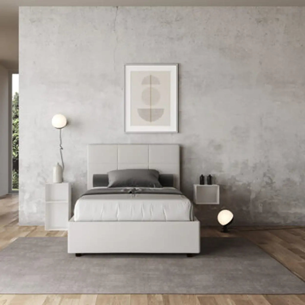 Letto matrimoniale francese con rete imbottito 140x200 similpelle bianco Mika