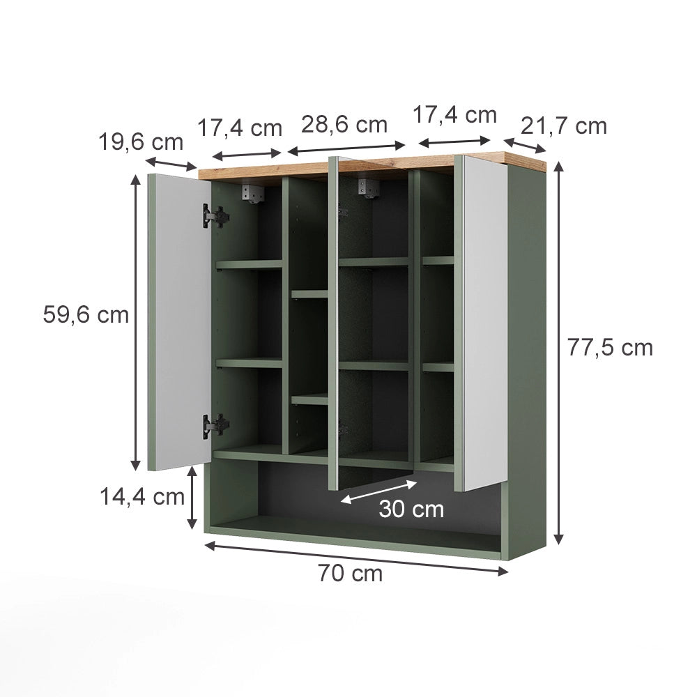 Vicco Specchio contenitore bagno Verde/Artigianale 70 x 77.5 cm con 3 ante a specchio