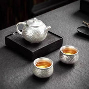 Set di Tè in Argento Puro - Tazza da Tè in Argento Tradizionale - Con Due Ciotole - Rivestimento Ceramico Interno - Adatto per Afternoon Tea o Caffè (Set in Argento)