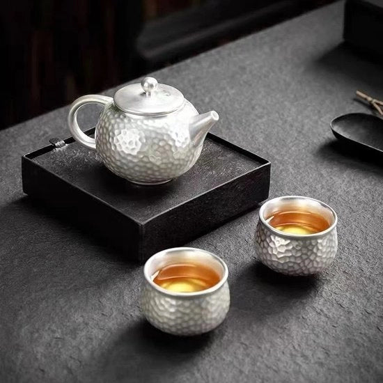 Set di Tè in Argento Puro - Tazza da Tè in Argento Tradizionale - Con Due Ciotole - Rivestimento Ceramico Interno - Adatto per Afternoon Tea o Caffè (Set in Argento)