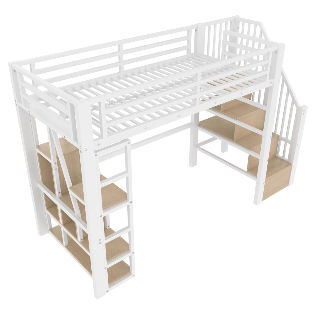 Letto a Soppalco con LED e Scaletta ¨C MINIMAL ¨C Bianco 90x200, Struttura Metallo