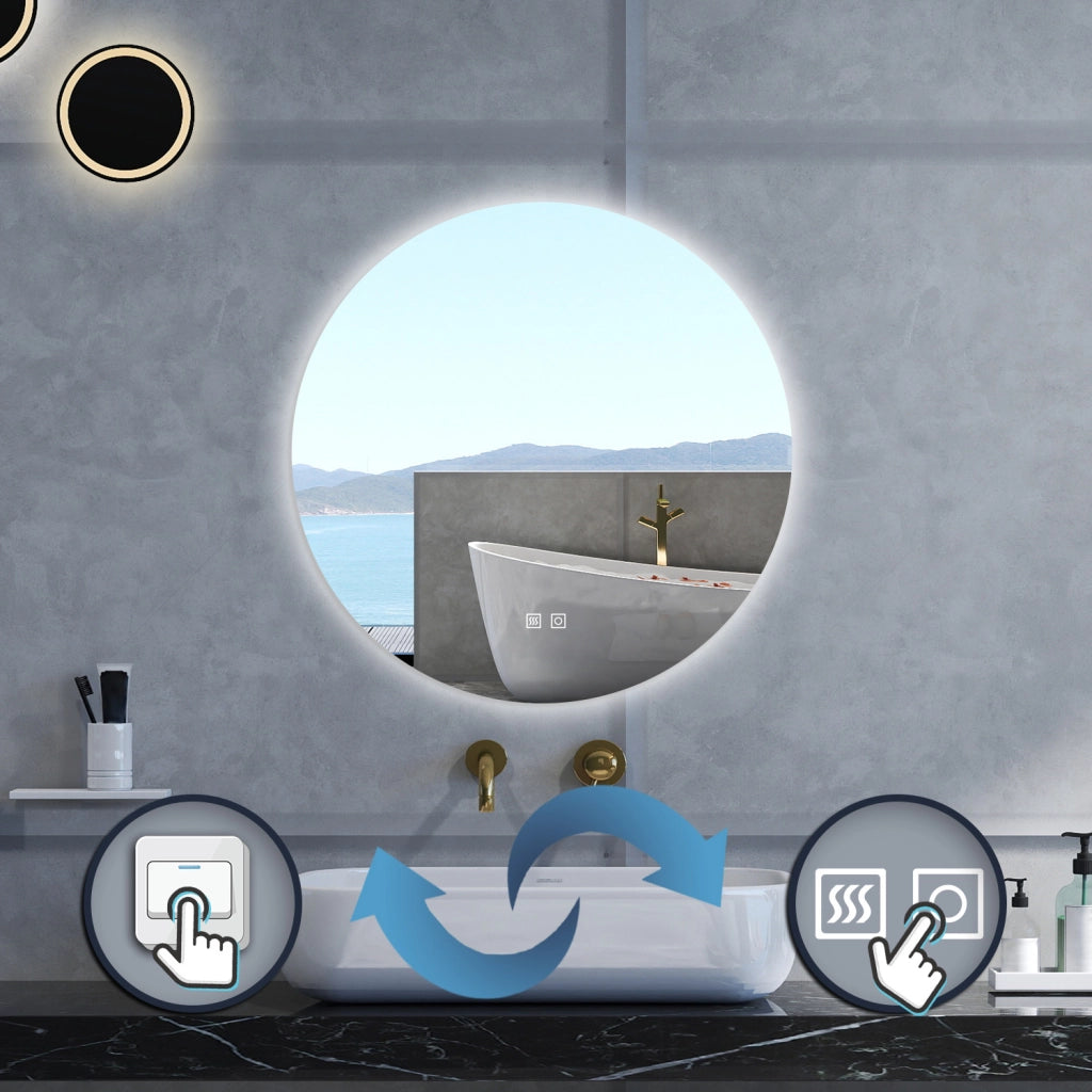 Specchio da bagno Rotondo con 60cm,3 colori,Memoria, Antifog,Regorabile,Retroilluminato,doppio interruttore,