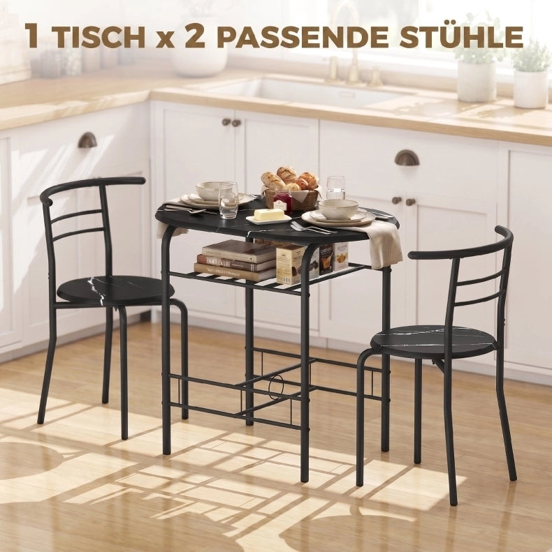Set tavolo da pranzo con 2 sedie e ripiano effetto marmo nero