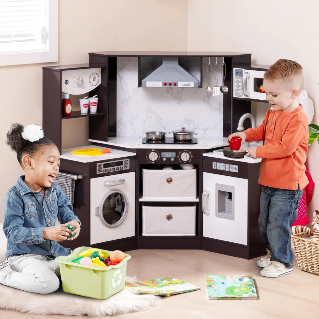 Cucina giocattolo per bambini in legno con luci e suoni realistici, Angolo cucina con cappa aspirante illuminata Caff¨¨-Cucine giocattoli