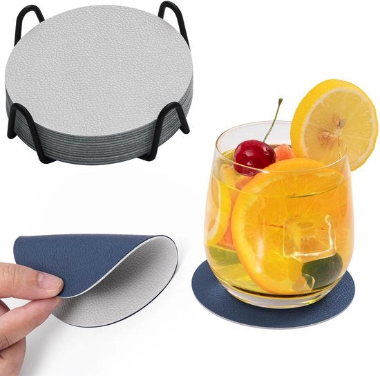 Set di 12 sottopiani per bicchieri, sottopiani per bicchieri, sottopiani per bevande, sottopiani antiscivolo, sottopiani in pelle, sottopiani in pelle sintetica, sottopiani con finitura in pelle (blu, grigio chiaro)