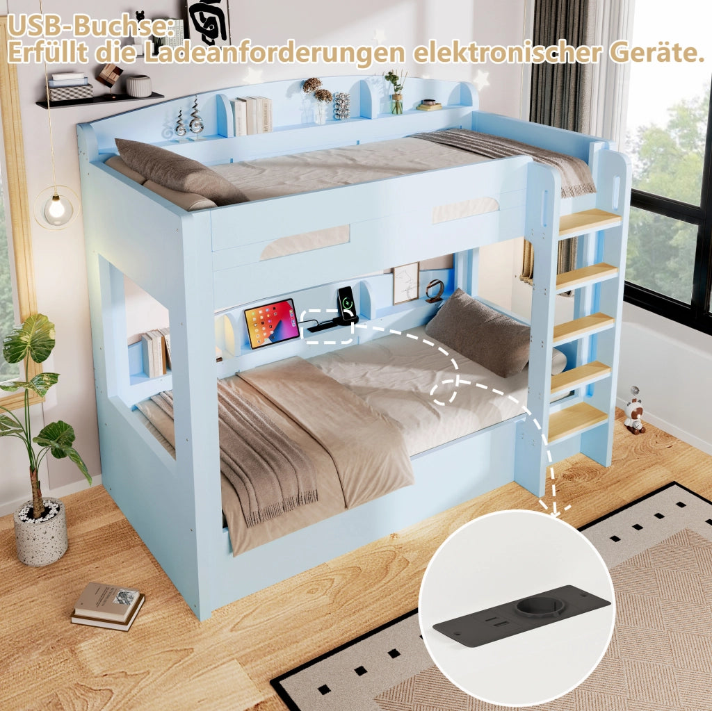 Letto a castello 90x200 cm blu con USB e ripiani