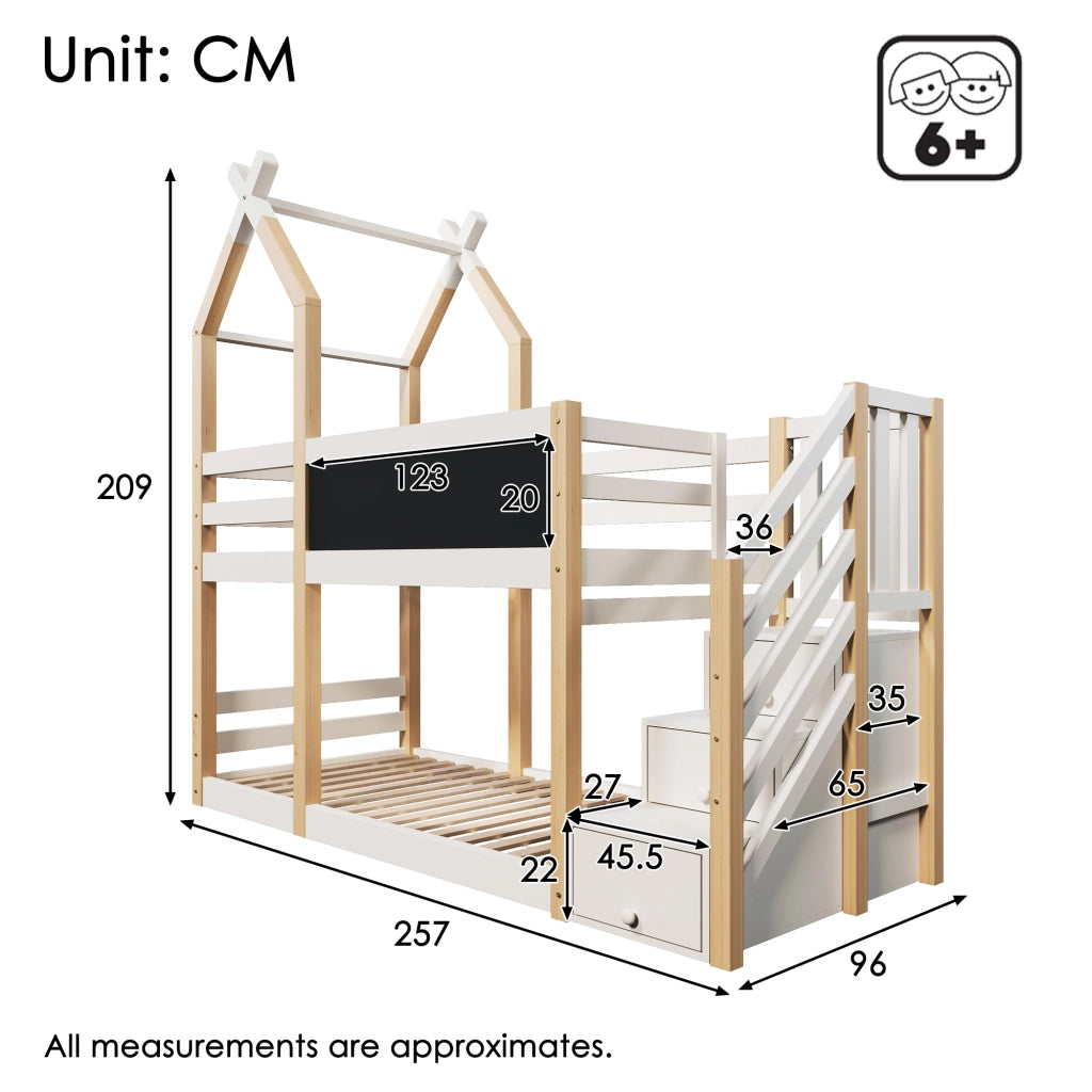 Letto a castello per bambini 90x200 cm con design baita, lavagna frontale e scale contenitore, bianco