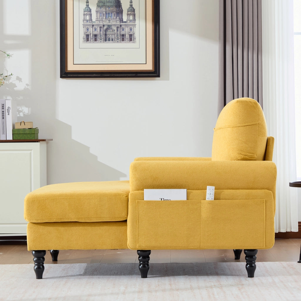 Poltrona Chaise Longue in Tessuto Chenille ¨C MINIMAL ¨C Gambe in Legno, Braccioli, Tasche Laterali