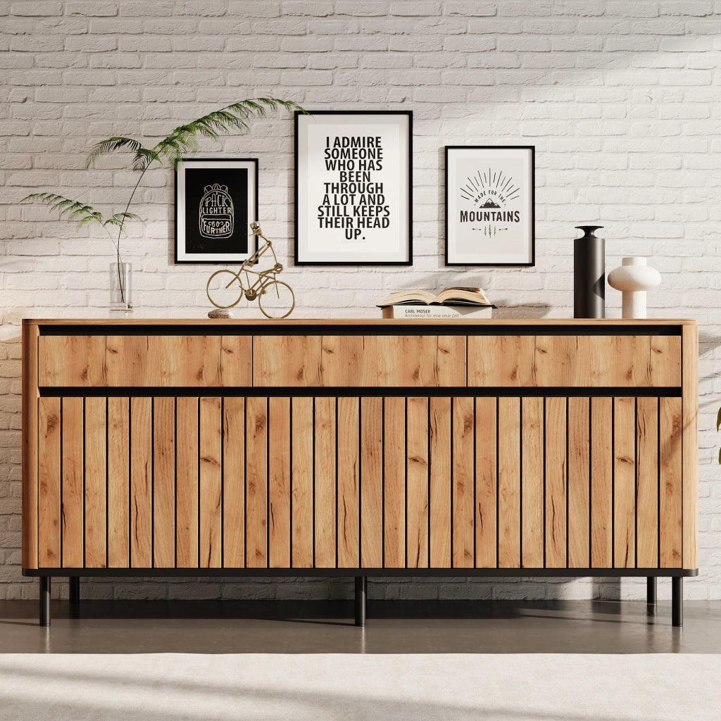 Sideboard moderno 160¡Á40¡Á73 cm in MDF con 3 cassetti e 3 ante a lamelle, 6 piedini in metallo, finitura effetto legno naturale, portata 30 kg