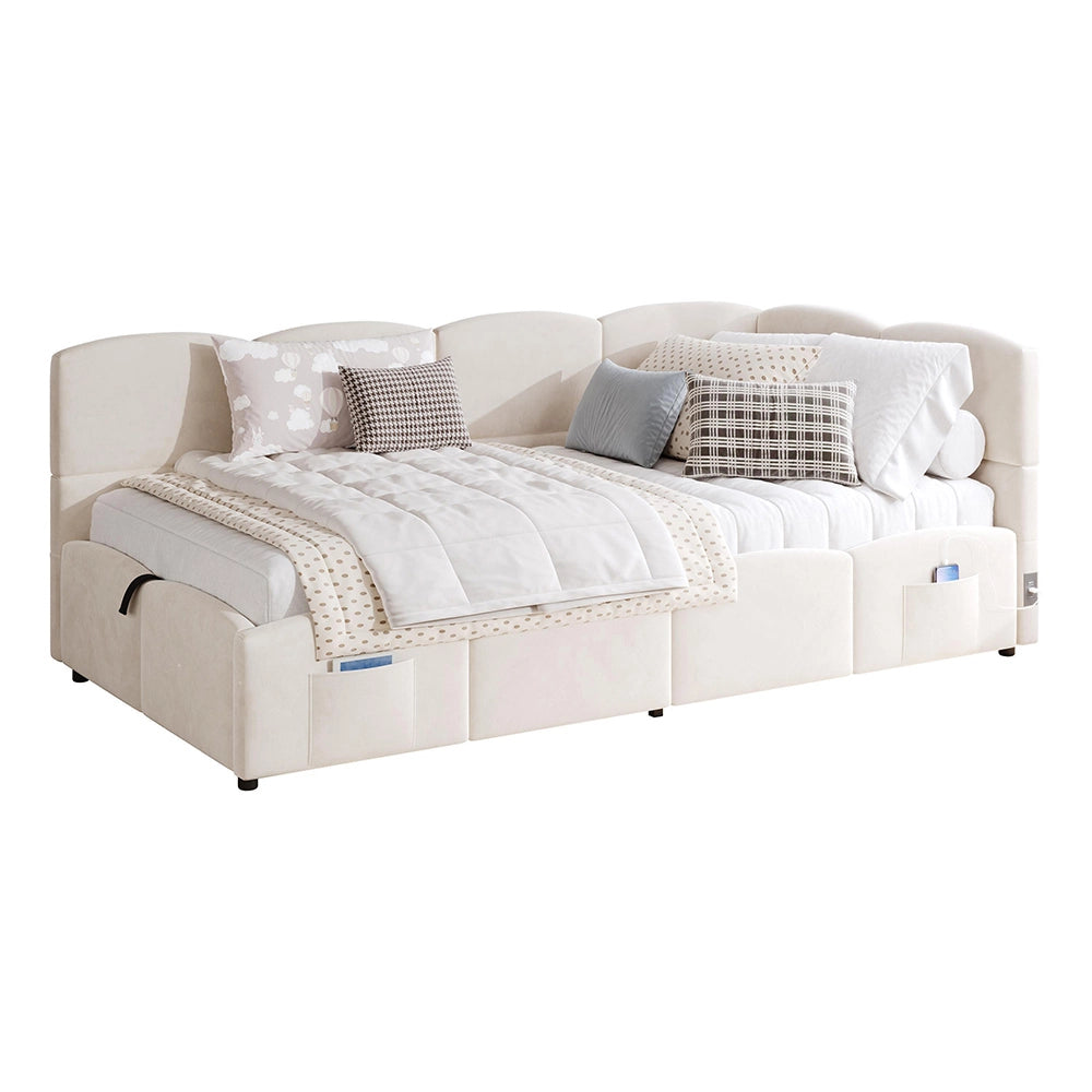 Letto Singolo Divano 90x200cm - Xylo - con Rete, Tessuto Boucl?? e USB, Beige
