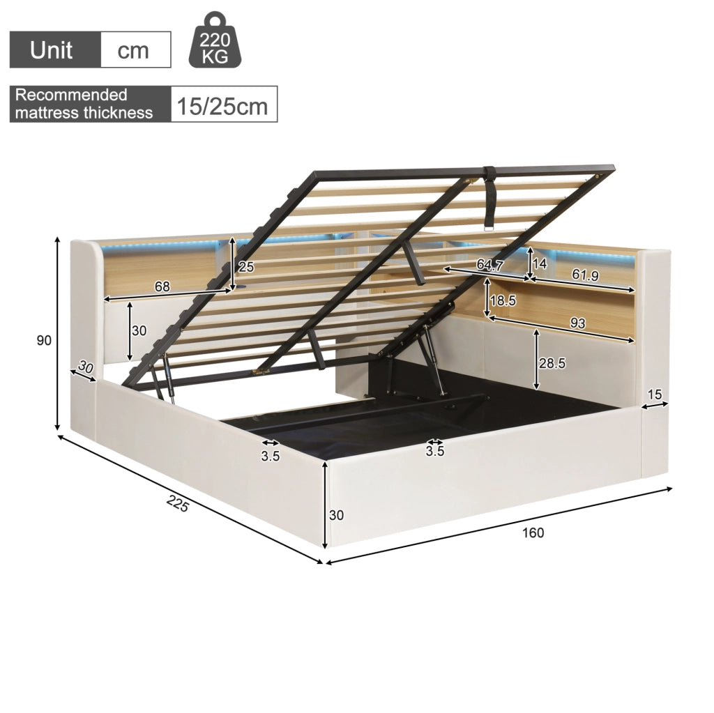 Letto imbottito beige con vano contenitore, LED e ricarica