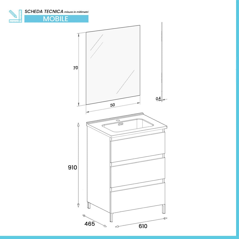Mobile bagno a terra 60 cm in quercia naturale con lavabo e specchio Leda