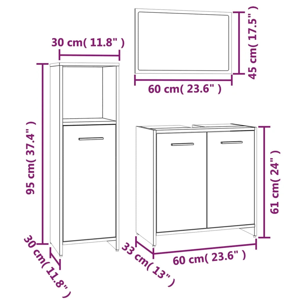 Set Mobili da Bagno | Armadio da bagno 3 pz Grigio Sonoma in Legno Multistrato