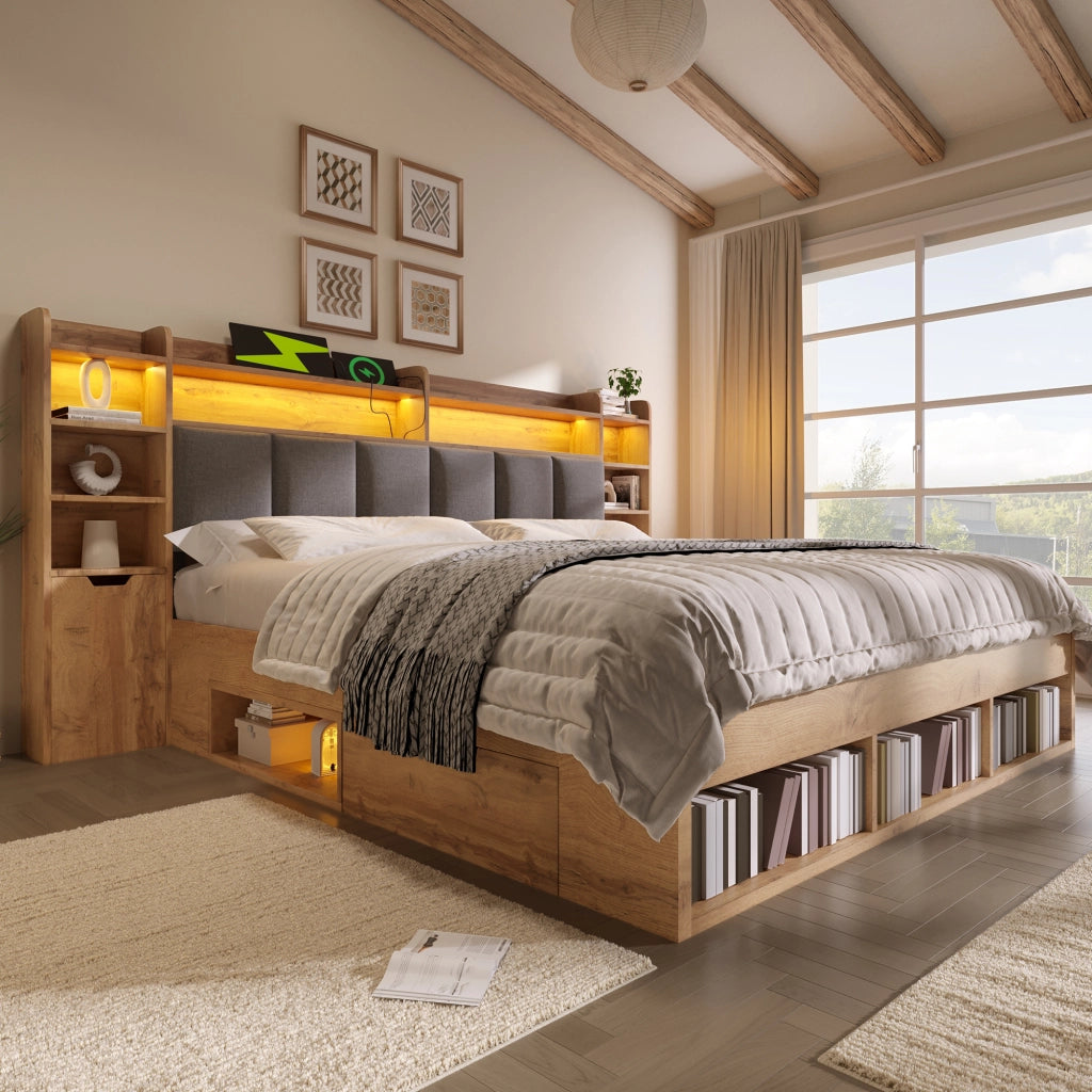 Lit coffre 180 × 200 cm 2 posti con LED, USB, Type-C, vani e comodini mobili, senza materasso, rovere