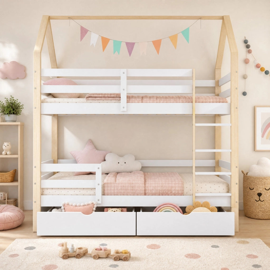 Letto a casetta per bambini 90x200 cm in legno di pino, con grandi cassetti e rete a doghe, bianco e rovere