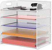 Organizzatore di ufficio con manico, 5 strati di organizzatore di cartelle, contenitore per documenti, organizzatore per casa e scuola, bianco