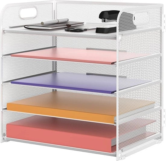 Organizzatore di ufficio con manico, 5 strati di organizzatore di cartelle, contenitore per documenti, organizzatore per casa e scuola, bianco