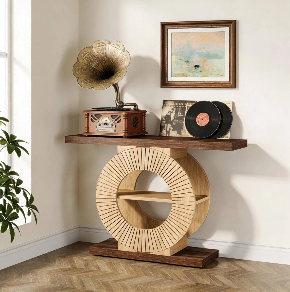 Tavolo consolle in legno marrone stile rustico con ripiani e base rotonda