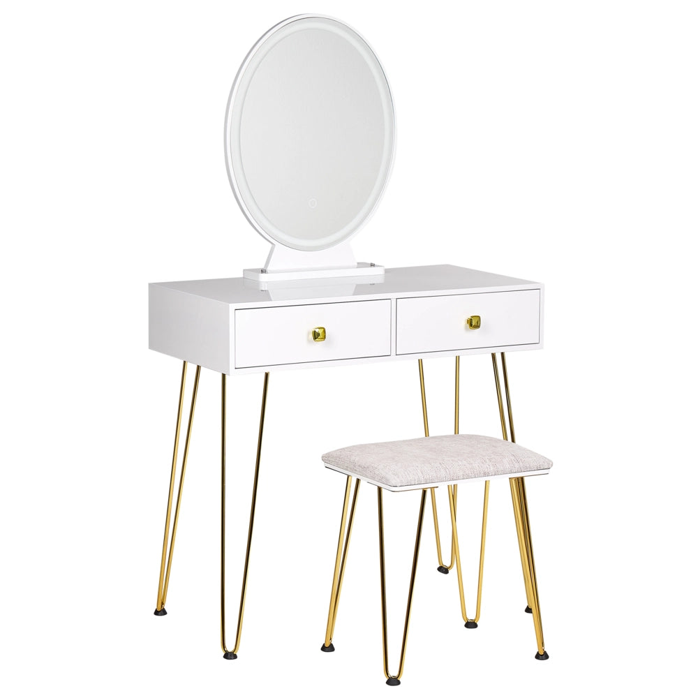 Toeletta con 2 cassetti specchio LED bianco e oro e sgabello camera da letto elegante