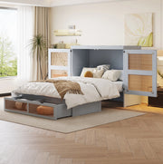 Letto a scomparsa 140x200 cm con design effetto rattan; contenitore e cassetti; grigio