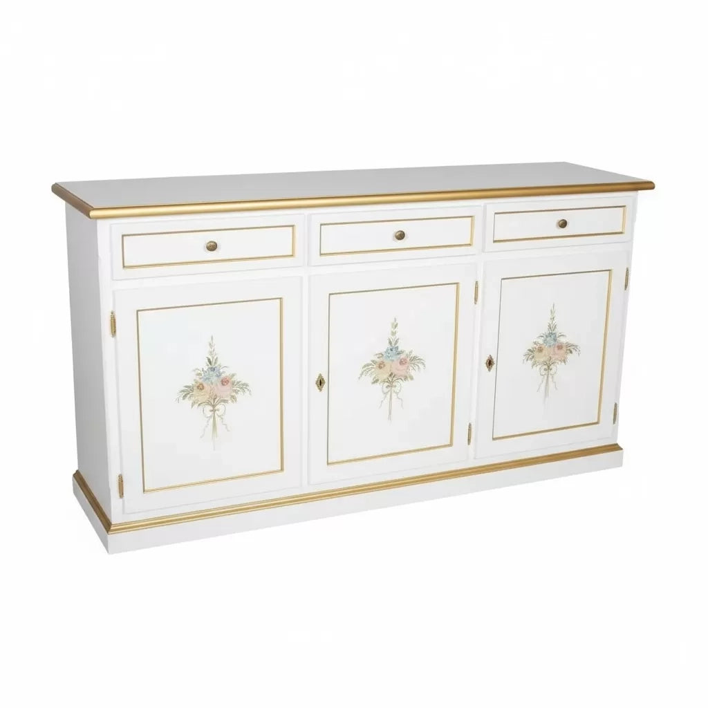 Madia credenza 3 ante legno shabby bianco decorata filo oro 156x42x86 - Mobili 2G