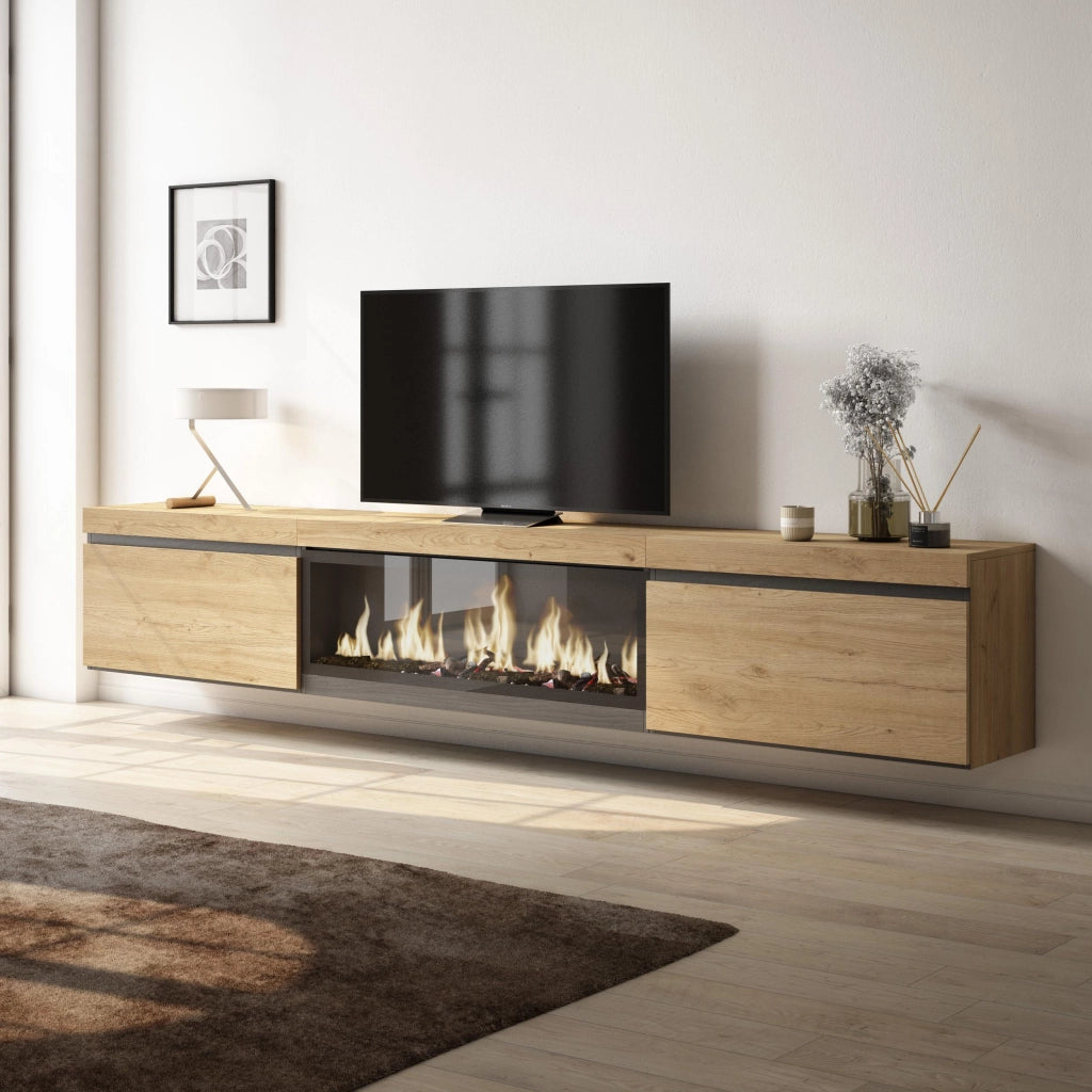 Mobile TV Soggiorno, 267x35x45cm, TV di grande formato, Camino elettrico XXL, da appendere, colore Rovere RF3608