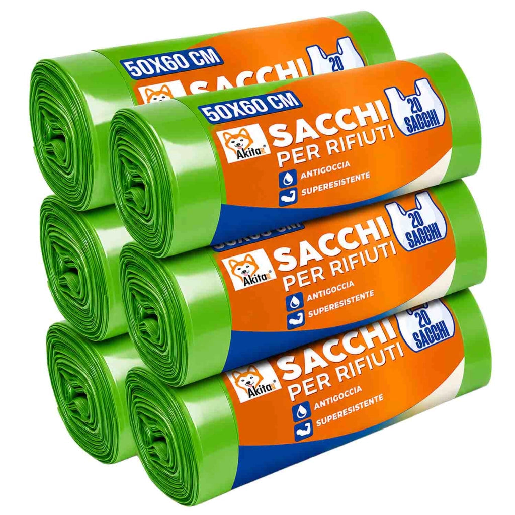 Akitaink 120 Sacchi Spazzatura 50x60 Verdi con Legacci