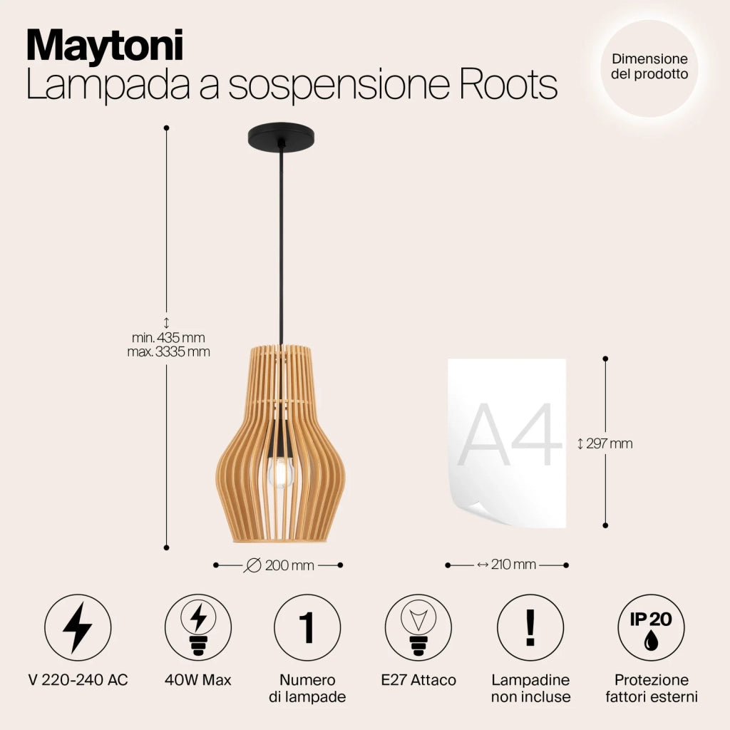 Maytoni Lampada a Sospensione Moderna Roots 1 Luce E27 40W Nero Metallo