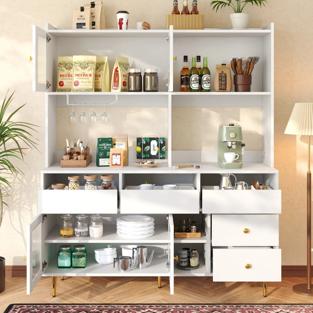 Credenza 145x39x171 cm con porte in vetro; portabottiglie e ampio spazio contenitivo in MDF bianco