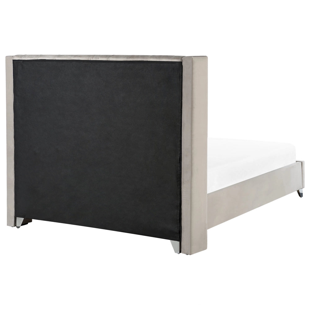 Letto matrimoniale a doghe velluto grigio chiaro imbottito trapuntato poggiatesta 180 x 200 cm stile glamour elegante