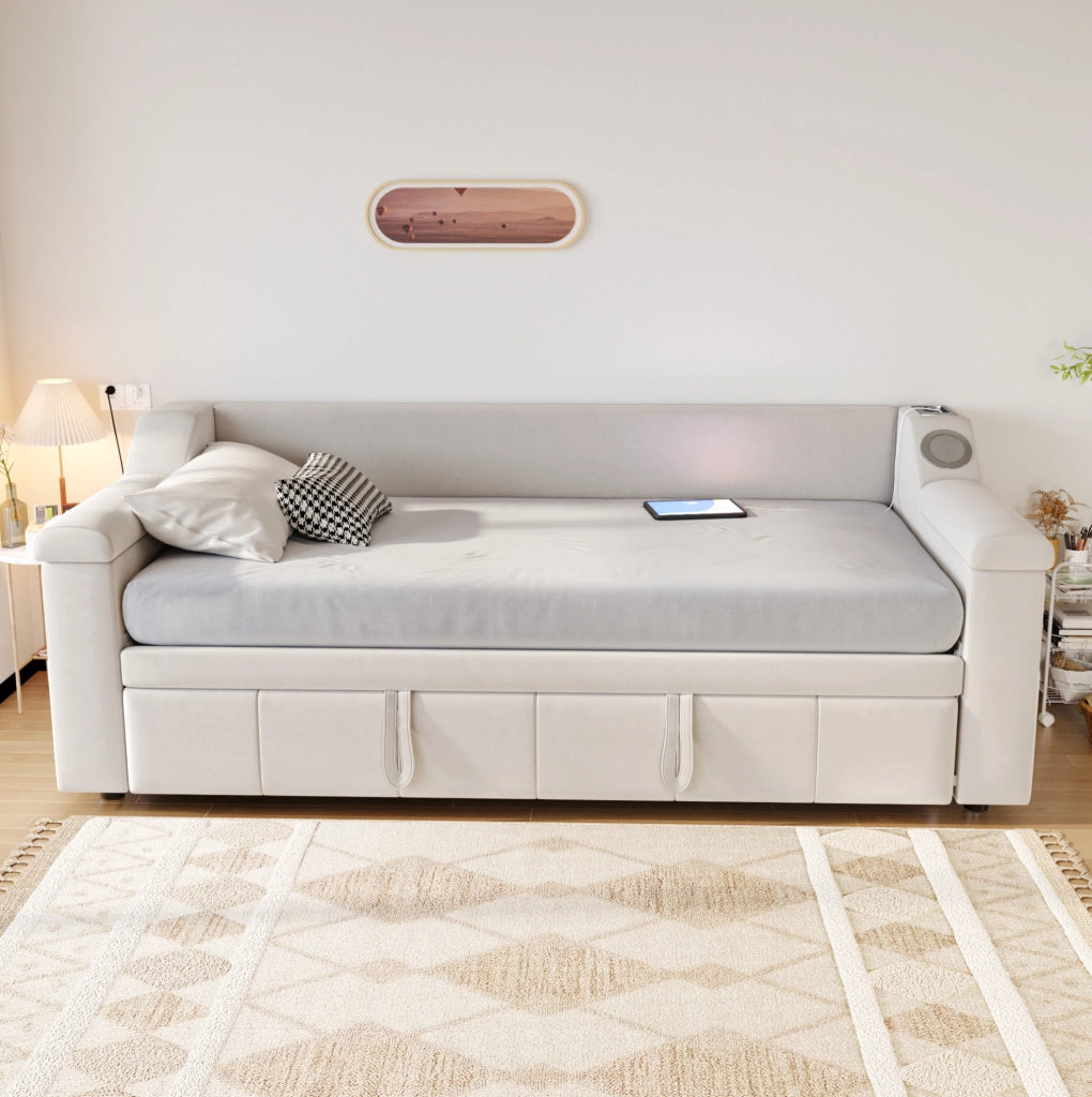 Divano letto matrimoniale estensibile 90/180x190 cm in velluto beige con Bluetooth e USB
