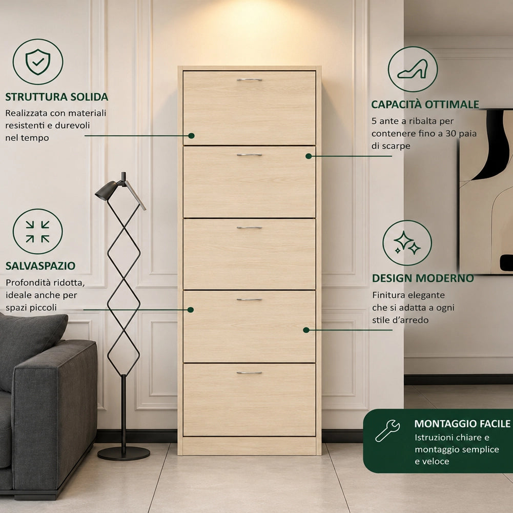 Scarpiera 5 Ripiani Olmo con Maniglia Porta Scarpe Salvaspazio 63x24x170 cm