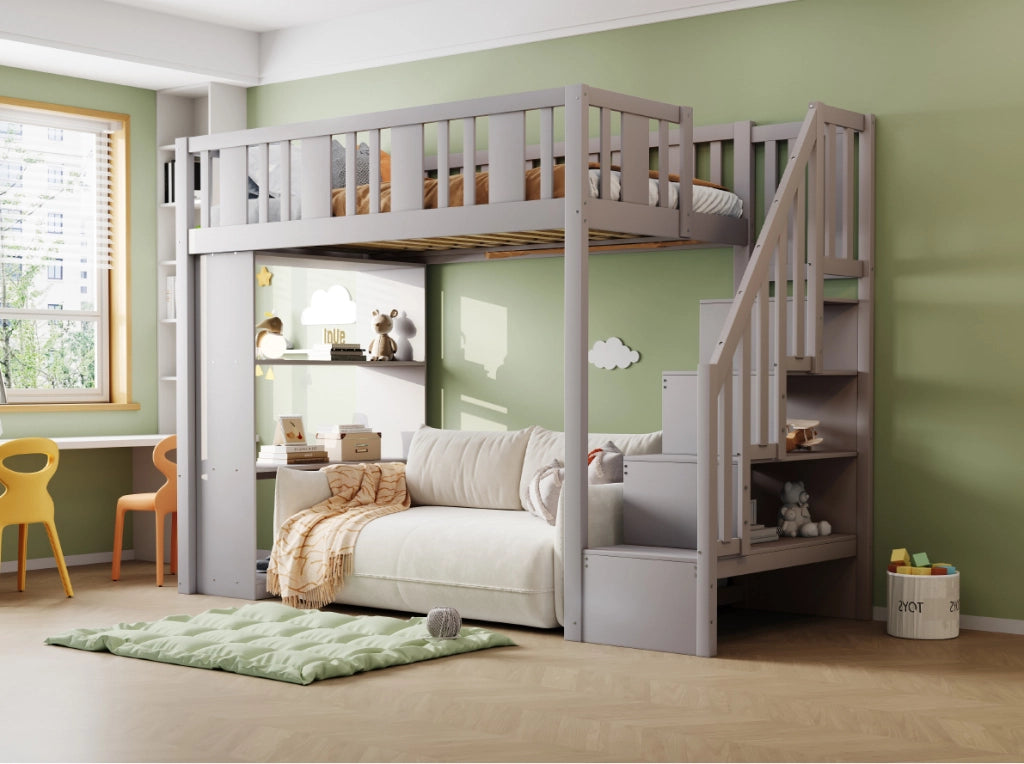 Letto a soppalco 90x200 cm con scala contenitore e 3 vani portaoggetti in legno grigio