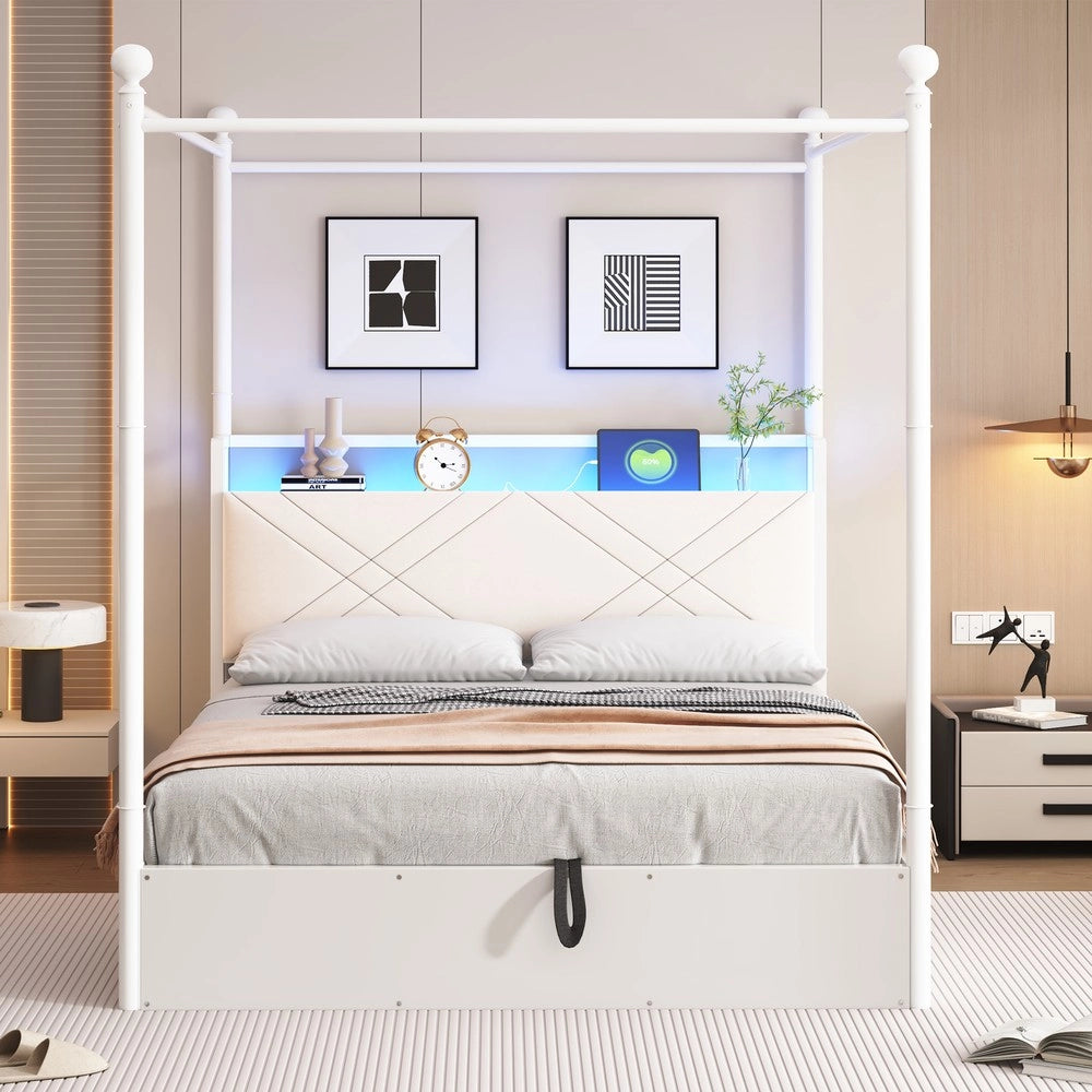 Letto a due piazze multifunzionale - Zephmum - 140x190 cm - Bianco - Struttura in ferro battuto, vano sottostante idraulico, baldacchino, LED e porte USB/Type-C