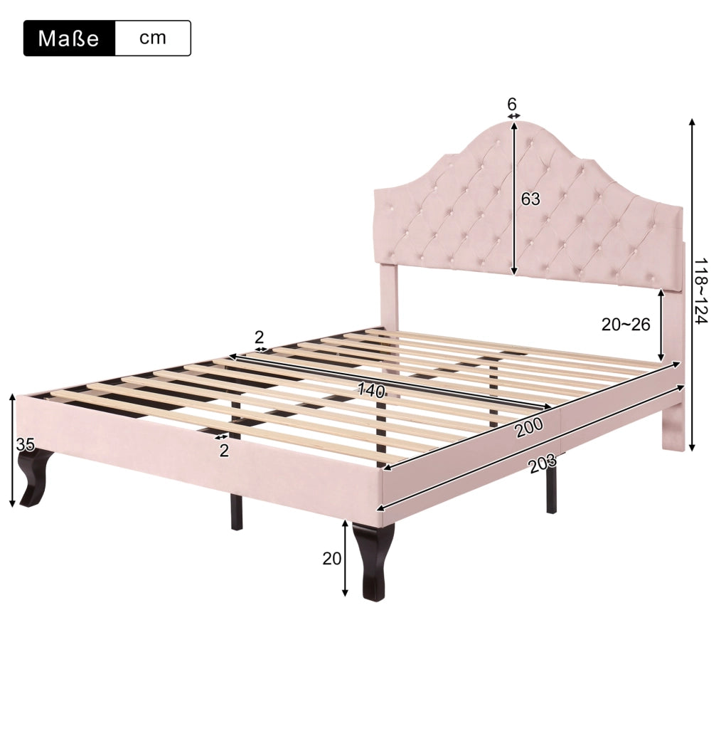 Letto imbottito in velluto rosa 140 x 200 cm con rete a doghe
