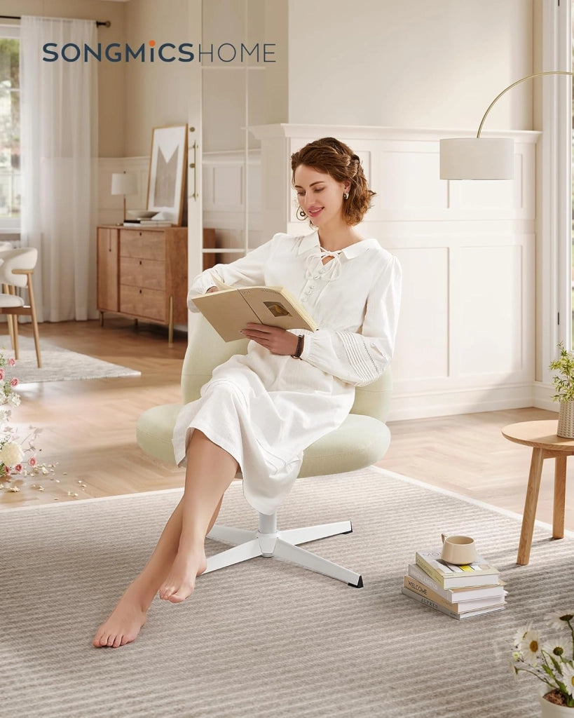 Sedia da Ufficio, Sedia da Studio Girevole, Stile Contemporaneo con Base a Croce, Seduta Ampia e Confortevole, Altezza Regolabile, Tessuto Cotone-lino, Bianco Crema OBG046W01