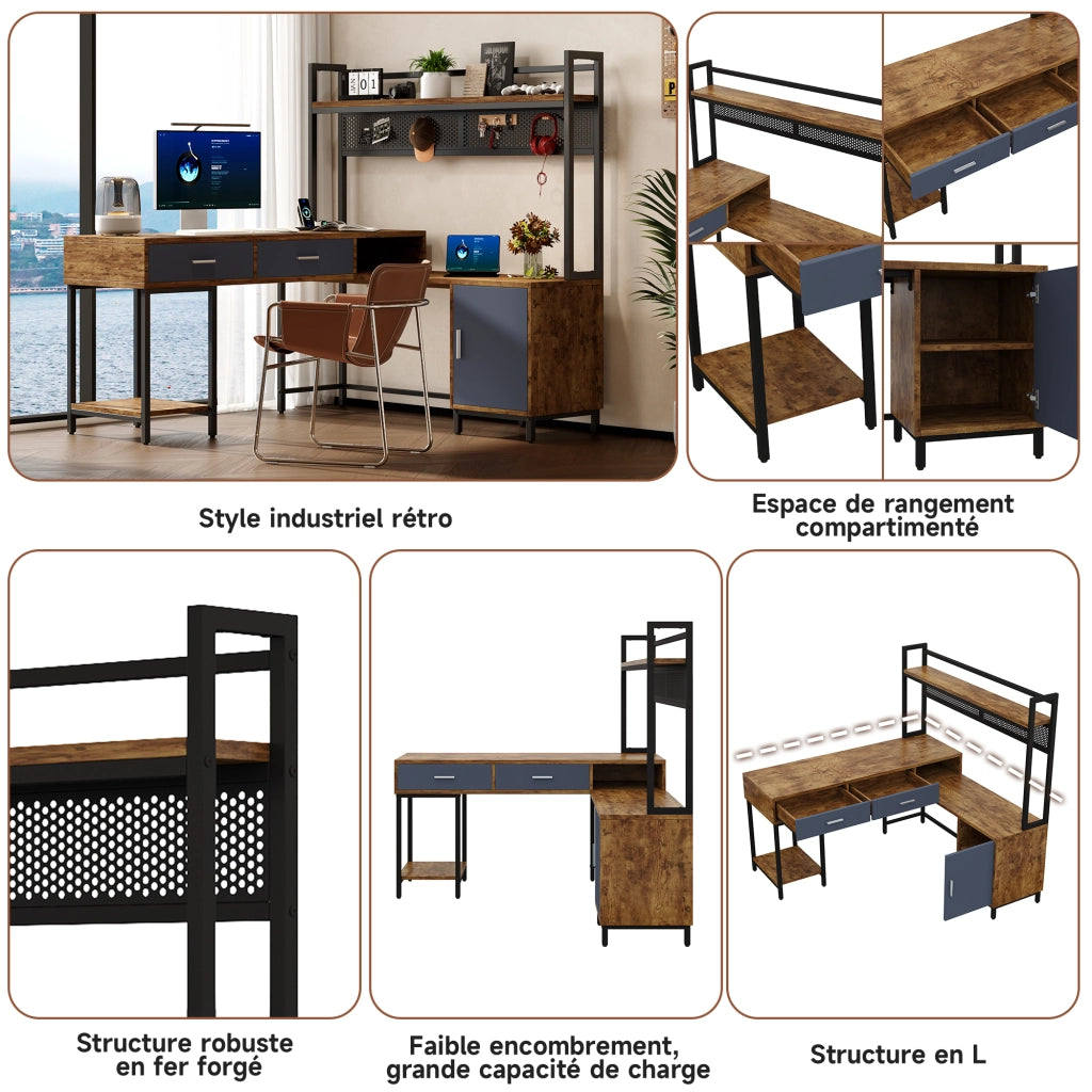 Scrivania angolare in MDF e metallo con cassetti, anta e ripiani aperti, stile industriale nero e legno 140 × 140 × 135 cm